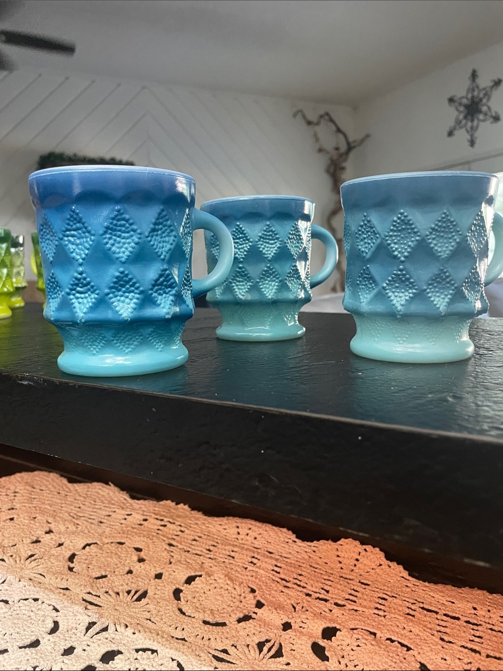Fire King Kimberly Blue Ombre Textured Ceramic Mugs - Set of 3